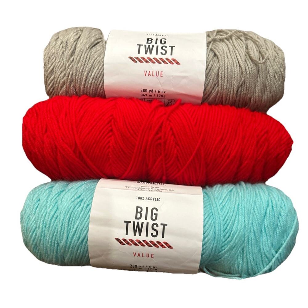 Big Twist Value Yarn 3‎ Skeins Aqua Soft Gray Red 380 yd/6 oz Worsted Acrylic #4